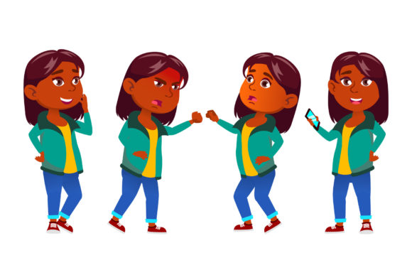 Indian Girl Kid Poses Vector Set