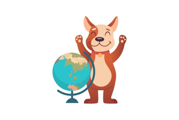 Smart Puppy with a Globe: Cute Animal Character Studying Cartoon Illustration Isolated on White Background